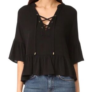 Maven West Black Lace-Up Ruffle Hem Blouse